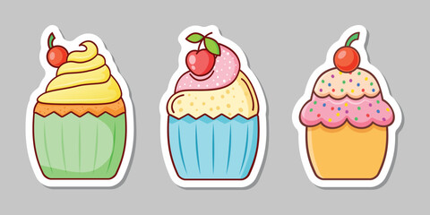 Sweet dessert sticker icon set in flat style. Cupcake vector illustration on isolated background. Muffin sign business concept.