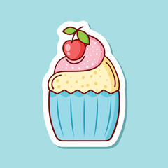 Sweet dessert sticker icon in flat style. Cupcake vector illustration on isolated background. Muffin sign business concept.