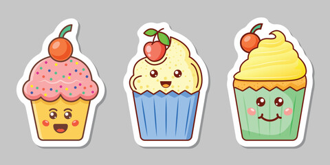 Cute sweet desserts sticker icon set in flat style. Kawaii cupcake vector illustration on isolated background. Happy muffin sign business concept.