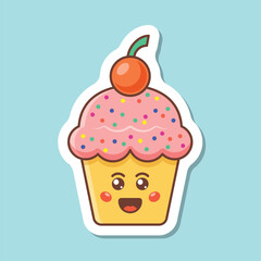 Cute sweet dessert sticker icon in flat style. Kawaii cupcake vector illustration on isolated background. Happy muffin sign business concept.