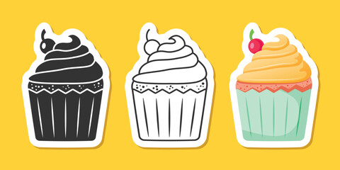 Sweet dessert sticker icon set in flat style. Cupcake vector illustration on isolated background. Muffin sign business concept.