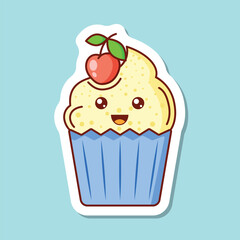 Cute sweet dessert sticker icon in flat style. Kawaii cupcake vector illustration on isolated background. Happy muffin sign business concept.