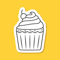 Sweet dessert sticker icon in flat style. Cupcake vector illustration on isolated background. Muffin sign business concept.
