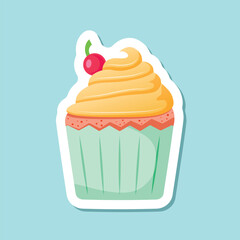 Sweet dessert sticker icon in flat style. Cupcake vector illustration on isolated background. Muffin sign business concept.