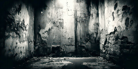 Dark Gritty Underground Room with Cracked Walls and Water Puddle