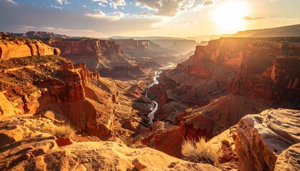A breathtaking sunrise casts a golden glow over a vast, deep canyon with a winding river flowing through the bottom.