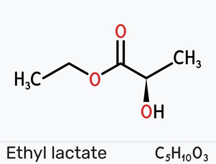 Ethyl lactate molecule. Green biodegradable solvent for coatings, inks, resins, cleaning and electronics, food flavor and extraction applications. Vector illustration