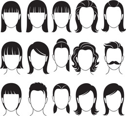 Collection of black and white vector hairstyles for men and women Set of faceless head icons with various haircuts and styles.