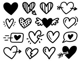 different styles of black color hearts doodle art