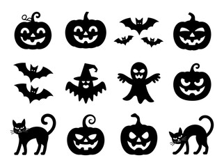 Halloween pumpkins, bats, ghosts, and cats in black color