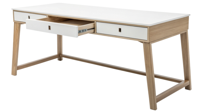 Modern white wooden desk with open drawer, isolated on transparent background