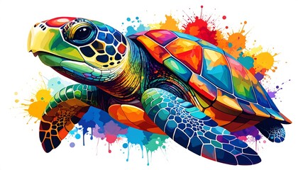 Vibrant, colorful sea turtle design with artistic splashes.