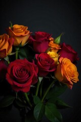 Bold and Vibrant Mixed Rose Bouquet in a Modern Setting A powerful, high contrast studio photograph of a dynamic bouquet featuring a striking assortment of richly colored roses, including deep