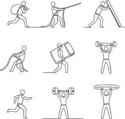 Continuous oneline drawing set of a figure showing strength lifting weights pulling pushing and running.