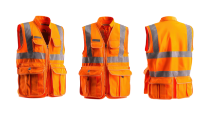 Three views of an orange safety vest with reflective stripes and pockets