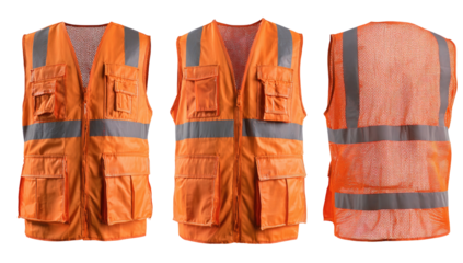 A set of three high-visibility orange vests with reflective stripes, front and back views, isolated