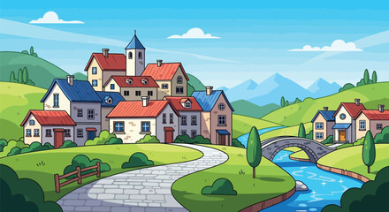 Quaint riverside village with charming houses and peaceful scenery