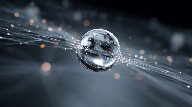 An abstract sphere connected with lines and dots, representing a digital network in a modern technological context.