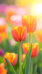 Fototapeta premium Close-up captures vibrant orange tulips bathed in warm sunlight. The background features blurred flowers and green foliage creating depth and a soft focus