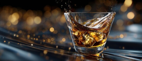 Dynamic Whiskey Swirl in Tumbler, Golden Bokeh Lights, Reflective Bar Ambiance.
