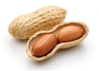 Two peanuts in their shells, one split open, revealing the nuts inside against white background.