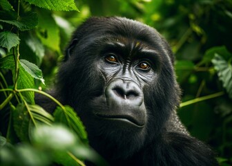 Obraz premium A close-up of a gorilla's face, showcasing its expressive eyes surrounded by lush green foliage.
