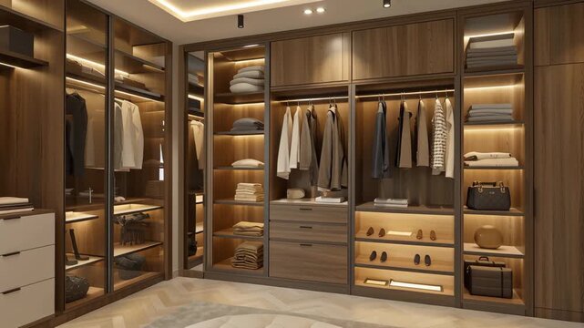 Stylish modern walk-in closet design with organized shelves and cozy seating area