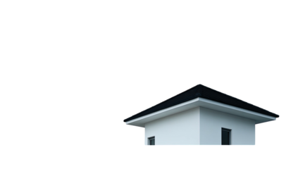 Isolated minimalist architectural view showcasing a white building with a dark roof and dark openings