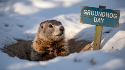 A curious groundhog emerges from its burrow in the snow on groundhog day anticipating its shadow