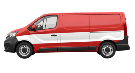 Red and white van on a black background side view shot on transparent background , png
