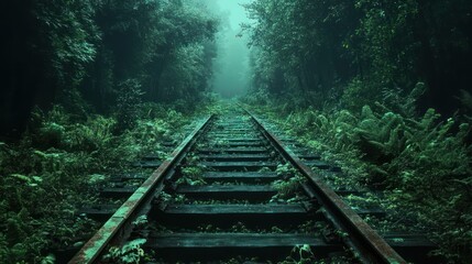 Abandoned railroad track through dark forest