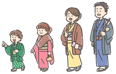 着物を着て初詣に行く4人家族のセット