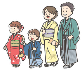 紋付袴、訪問着、振袖の着物を着た4人家族