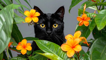 Elegant Black Cat Portrait Surrounded by Vibrant Orange Flowers and Lush Green Leaves.