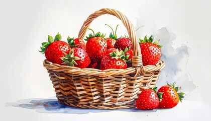 Strawberries in Basket Fresh Summer Fruit Harvest Sweet and Ripe Watercolor Painting Style.