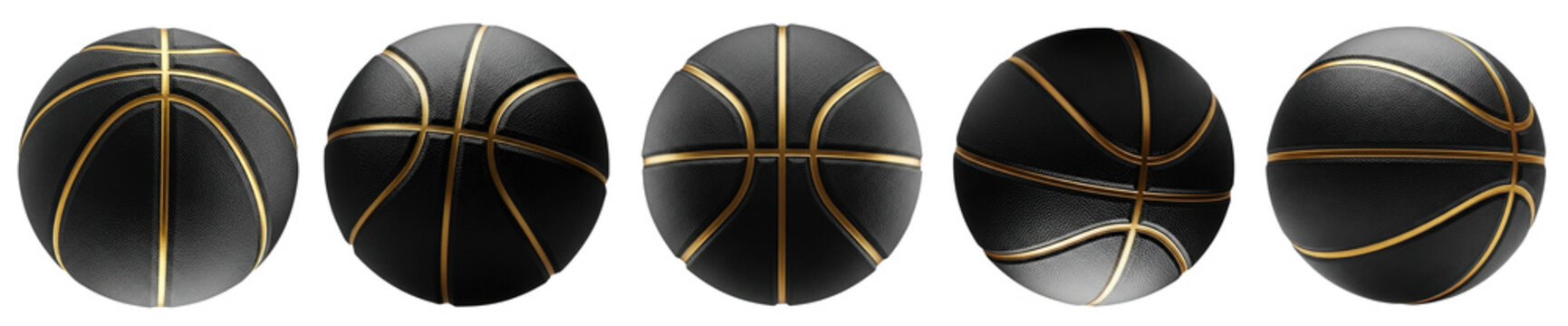 Various angles black basketballs with gold lines in dramatic dark style. Concept of exclusive nightlife premium gaming, esport, cybersport, Professional League All-Star, Streetball Cup competitions
