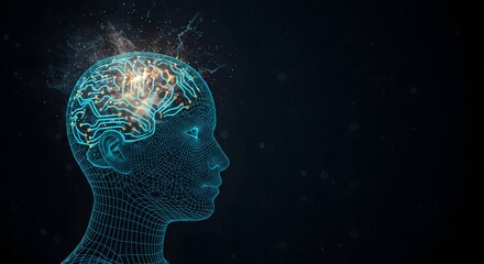 Artificial intelligence and human machine connection concept. Brain activity and digital computing technology. Wireframe head profile with a circuit board brain on a dark background