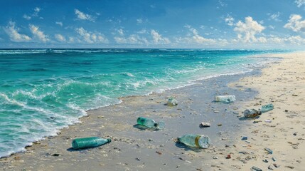 Polluted Paradise - Plastic Bottles and Debris Marring a Beautiful Tropical Beach Shoreline Under Blue Sky.