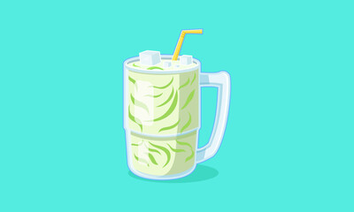 Vector Illustration of Indonesian Traditional Dawet Ayu Drink in Glass Mug with Ice Cubes, Green Cendol, and Straw – Flat Design Asian Beverage