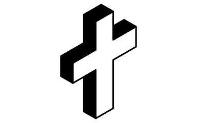 Cross Isometric Line Drawing Icon Illustration of a Christian Religious Symbol, black and white