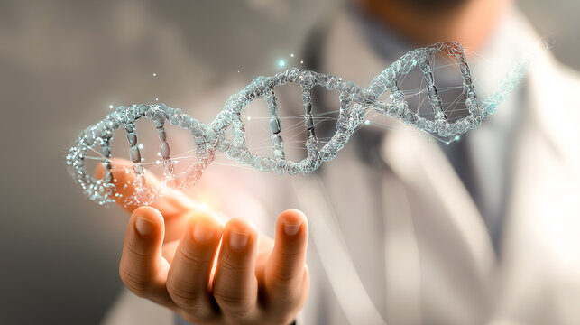 scientist holding DNA model with holographic