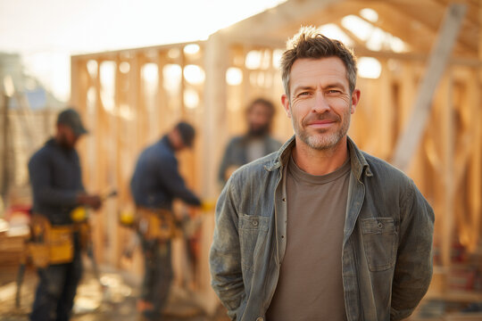 Confident, smiling construction foreman at a residential framing site with crew in background — contractor portrait during golden hour homebuilding