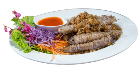 Isolated Deep Fried Mantis Shrimp with Crispy Garlic and Chili Sauce