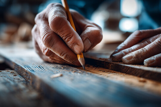 Close-up of skilled hands marking precise measurements on a wooden plank with a pencil in a dusty workshop, highlighting carpentry craftsmanship and detail. - Powered by Adobe