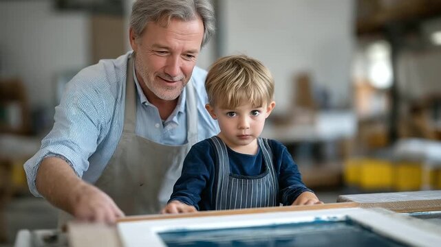 grandfather demonstrating printmaking technique with roller to child ink rolling sound curiosity craft three quarter wide angle cinematic color correction gentle backlight clean