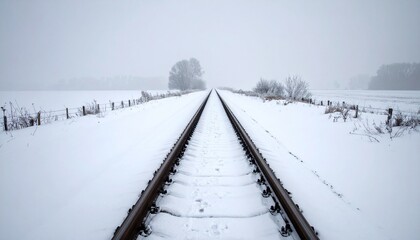 Fototapeta premium Winter Railroad Track Perspective Snow Covered Landscape Leading Into Distance.