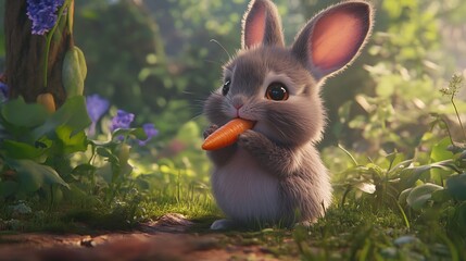 A delightful closeup of a fluffy gray bunny enjoying a carrot amidst a vibrant garden with blooming flowers and lush greenery
