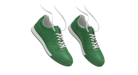 A pair of green sneakers with white laces floating up on transparent background , png