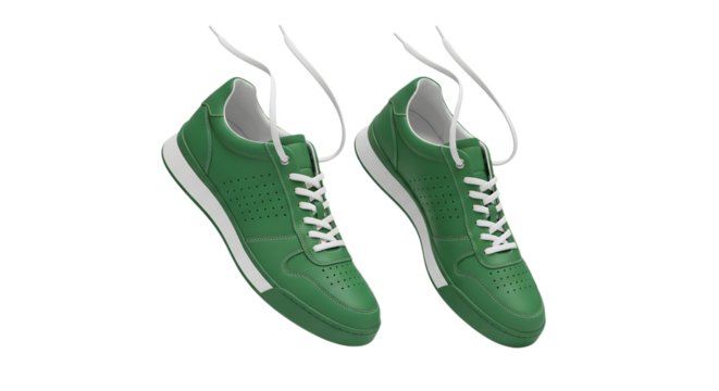 A pair of green sneakers with white laces floating up on transparent background , png