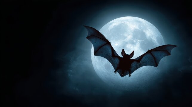 Bat Silhouette Soaring Against a Dramatic Full Moon in the Night Sky.